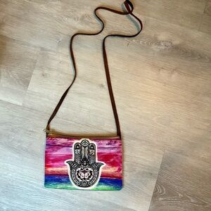 Simple Shoulder or Cross Body Zipper Bag Colorful With Leather Strap with Hamsa